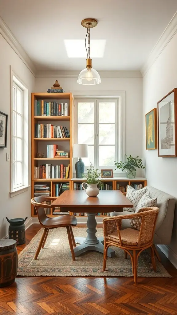 A cozy dining area with a reading nook featuring a table, chairs, and a bookshelf.