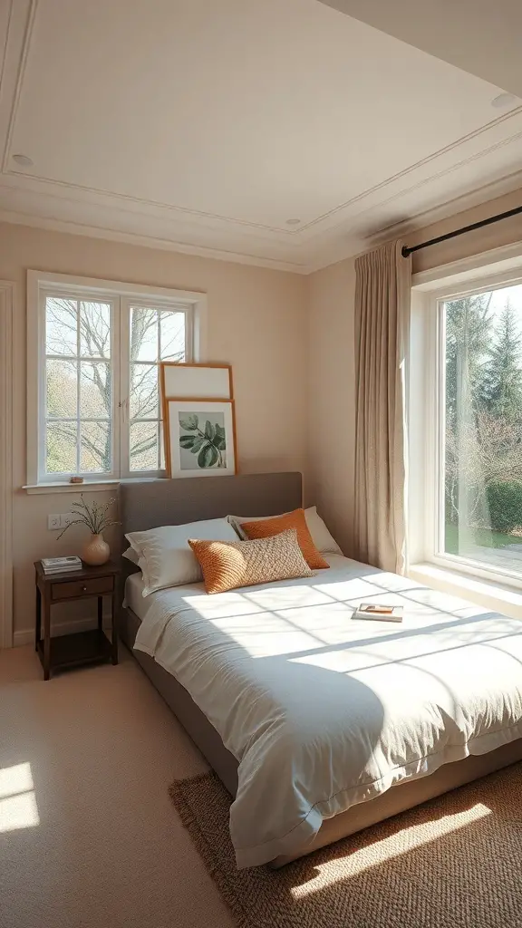 Bright and airy small master bedroom with large windows and light decor