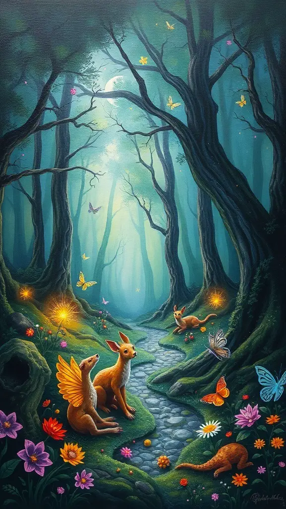 29+ Inspiring Acrylic Painting Ideas to Spark Your Creativity 9 A vibrant fantasy forest with magical creatures, including winged rabbits and colorful butterflies, surrounded by blooming flowers and glowing lights.