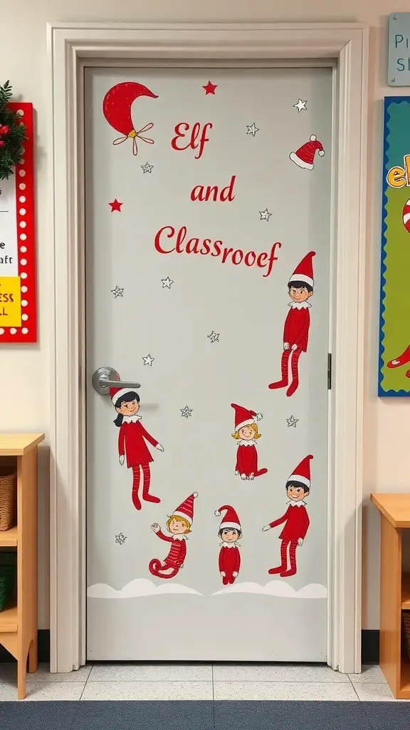 A classroom door decorated with elf characters and the text 'Elf and Classrooef'.
