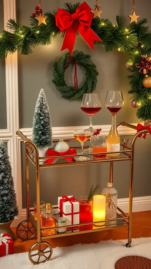 A luxurious holiday bar cart decorated with festive elements, including drinks, mini trees, and a red bow.