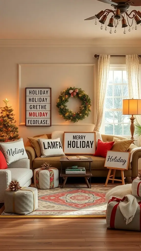 A cozy living room decorated for the holidays with funny greeting signs.