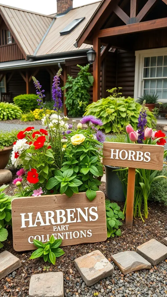 A rustic flower bed with colorful flowers and herbs in front of a house, featuring wooden signs for labeling.