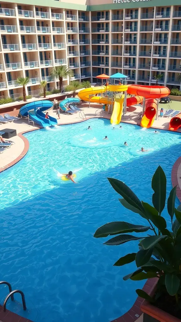 A family-friendly hotel pool with colorful slides and children playing.