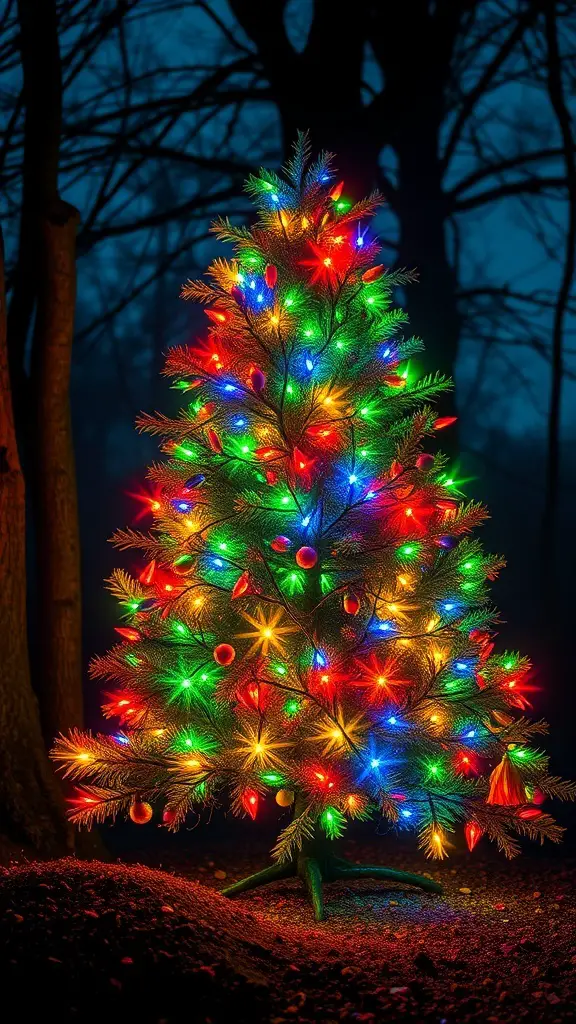 A brightly lit Christmas tree with colorful fairy lights in a dark forest setting.
