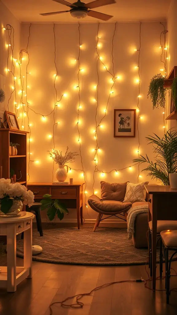 A cozy room decorated with twinkling fairy lights on the walls, featuring a comfortable chair, plants, and warm decor.