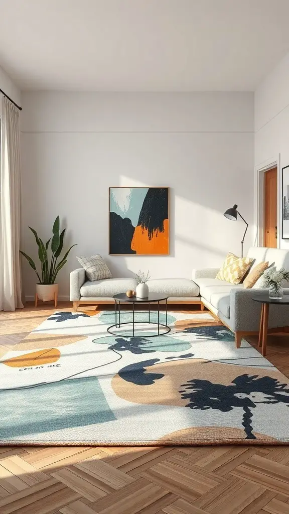 27+ Contemporary Rugs to Elevate Your Living Room Style 11 A contemporary living room featuring an artistic abstract rug with bold colors and shapes.