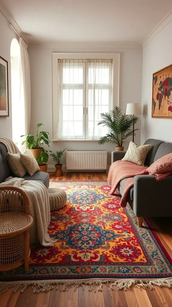 29+ Small Room Makeover Ideas to Maximize Space and Style 4 A cozy small living room featuring a colorful rug, soft throws on the sofas, and plants, creating a warm and inviting atmosphere.
