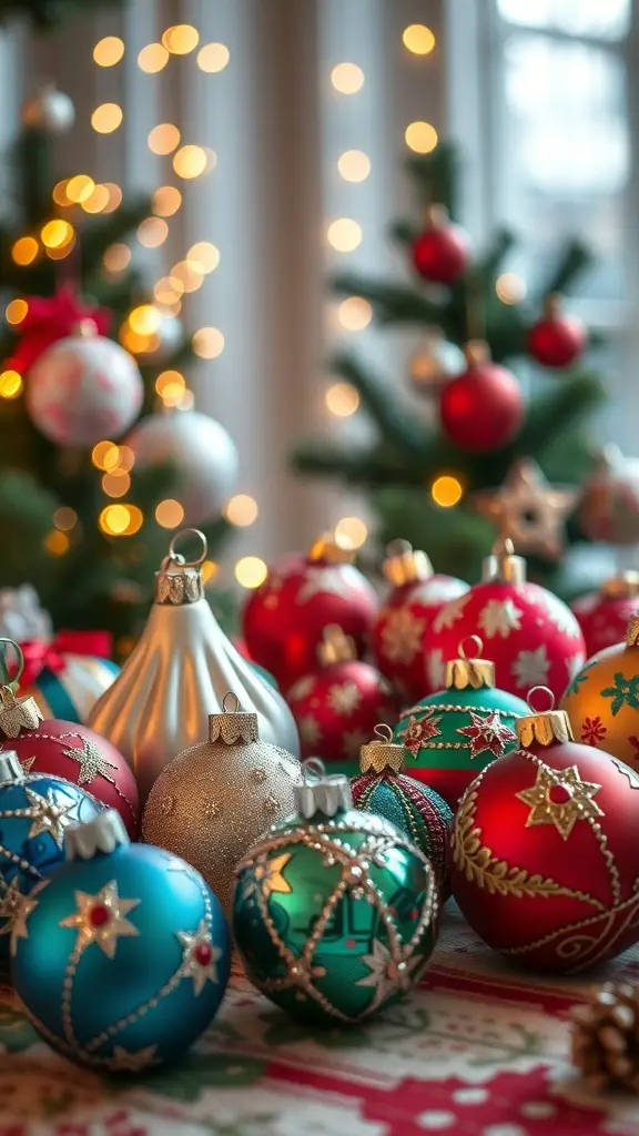 A colorful assortment of handmade holiday ornaments displayed on a table, with twinkling lights and a Christmas tree in the background.