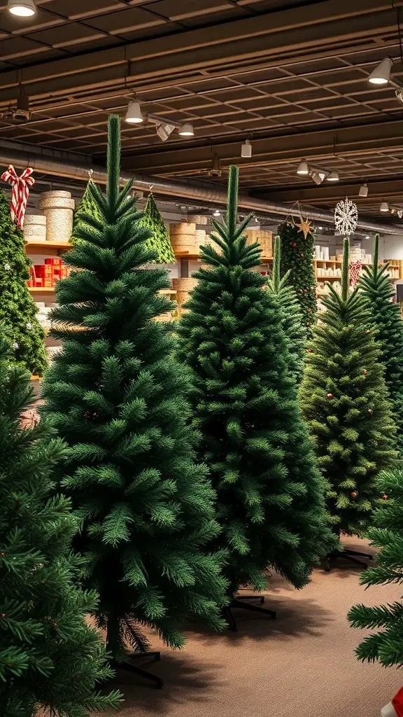 A display of dark green Christmas trees in a store, showcasing various sizes and styles.