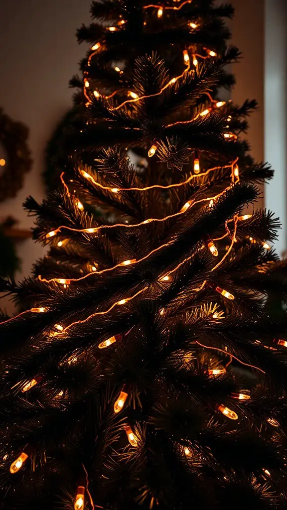 A Christmas tree adorned with warm brown lights, showcasing its green and brown colors.