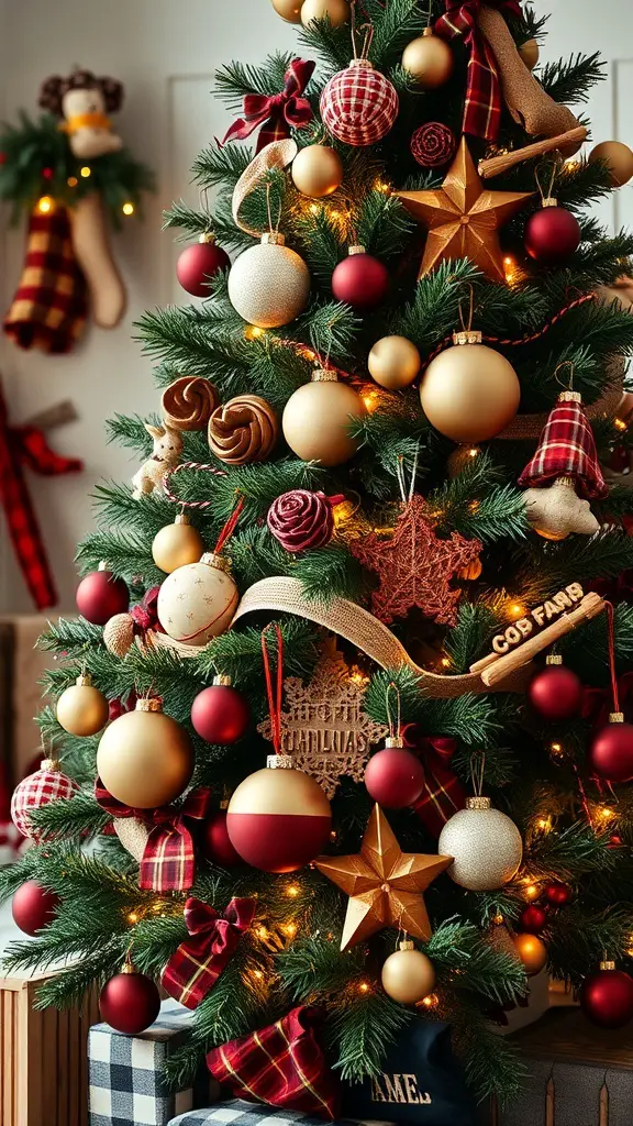 A beautifully decorated Christmas tree with gold and red ornaments, plaid ribbons, and warm lights, set in a cozy cabin atmosphere.
