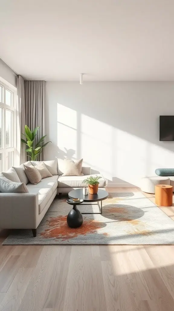 29+ Stunning Abstract Rugs to Elevate Your Living Room Decor 6 A bright living room featuring an abstract rug, a light sofa, and a coffee table.