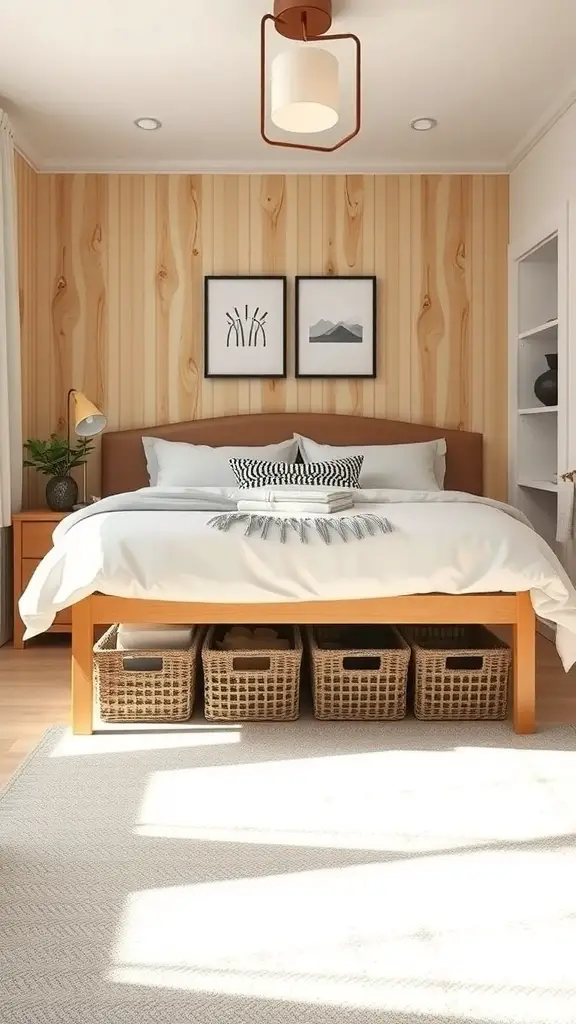 31+ Stylish Bedroom Ideas for Small Rooms 8 A cozy bedroom featuring a bed with woven baskets for under-bed storage.
