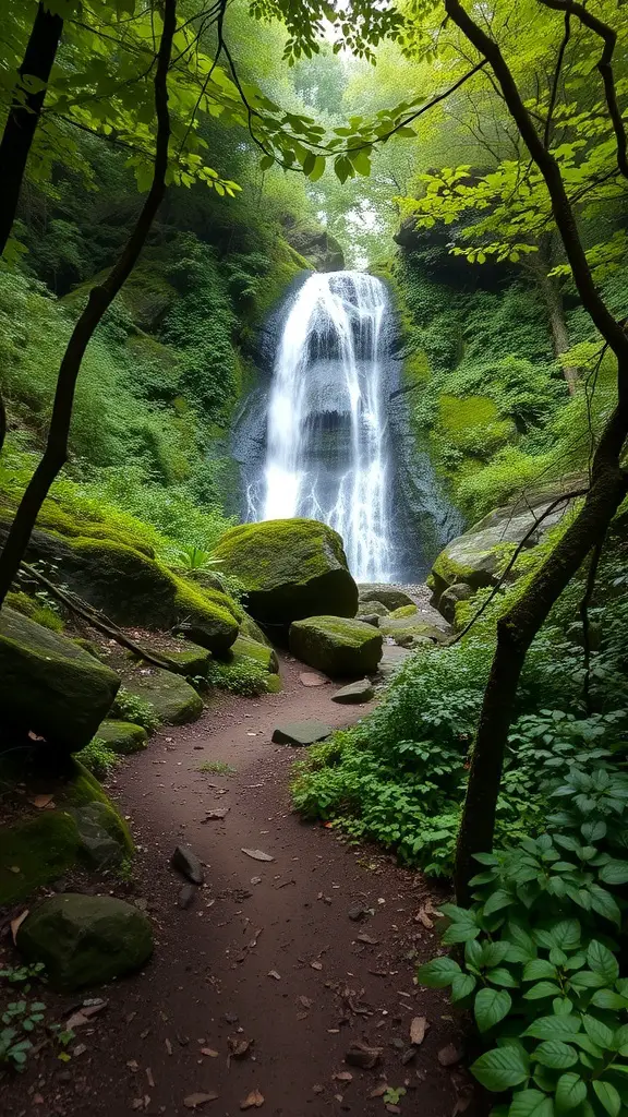 A serene woodland path leading to a hidden waterfall surrounded by lush greenery and moss-covered rocks.