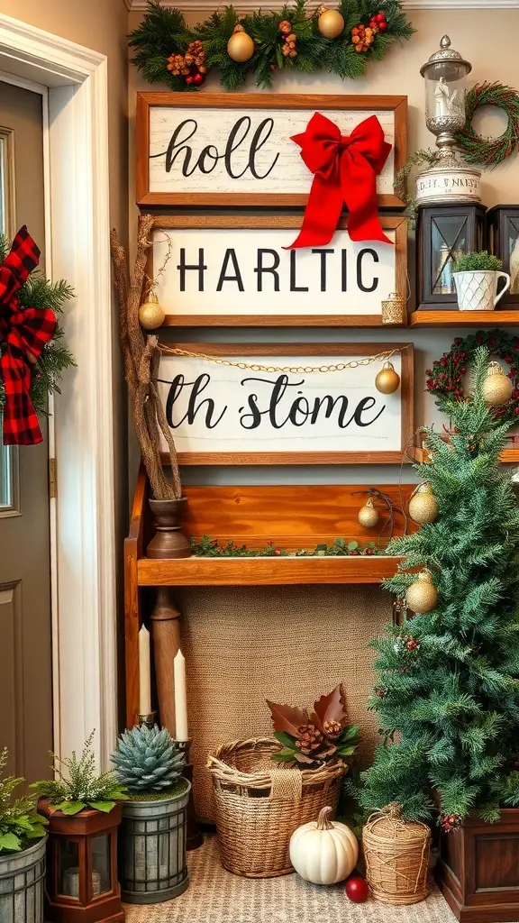 Rustic holiday decorations featuring wooden signs, greenery, and a small Christmas tree.