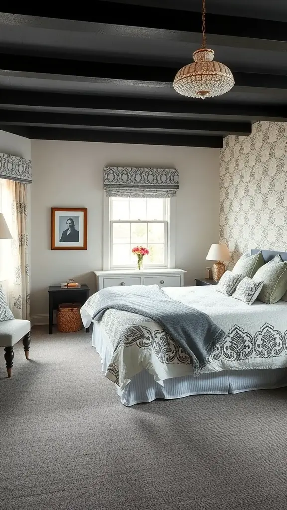 23+ Stylish Grey Carpet Bedroom Ideas for a Cozy Retreat 16 A cozy bedroom featuring grey carpet, patterned wallpaper, and stylish bedding.