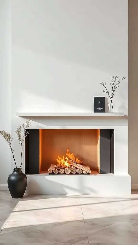 A modern minimalist fireplace with a warm fire, wooden logs, and a simple vase.