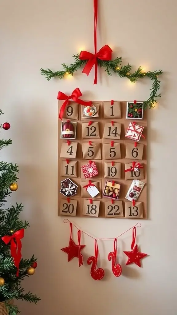A decorative advent calendar with numbered pockets, greenery, and red ribbons, displayed on a wall next to a small Christmas tree.