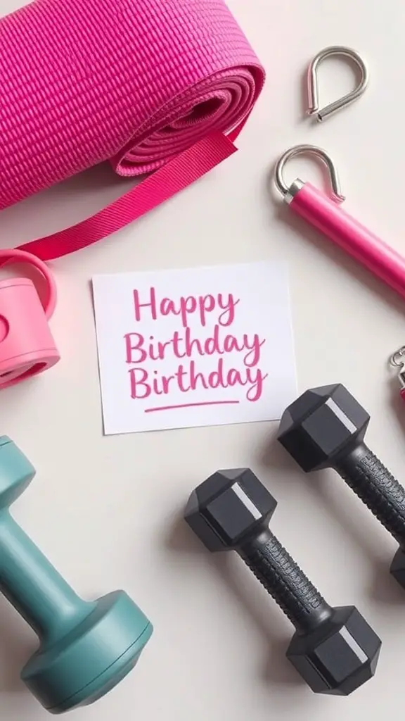 Colorful fitness gear including dumbbells and a yoga mat with a birthday card.