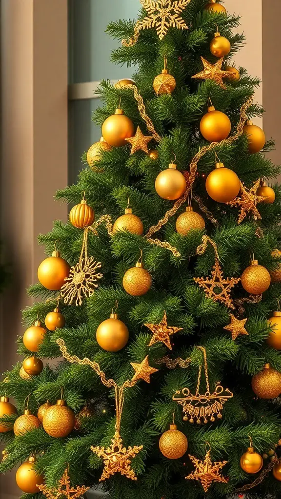 A beautifully decorated Christmas tree with gold ornaments and green foliage.
