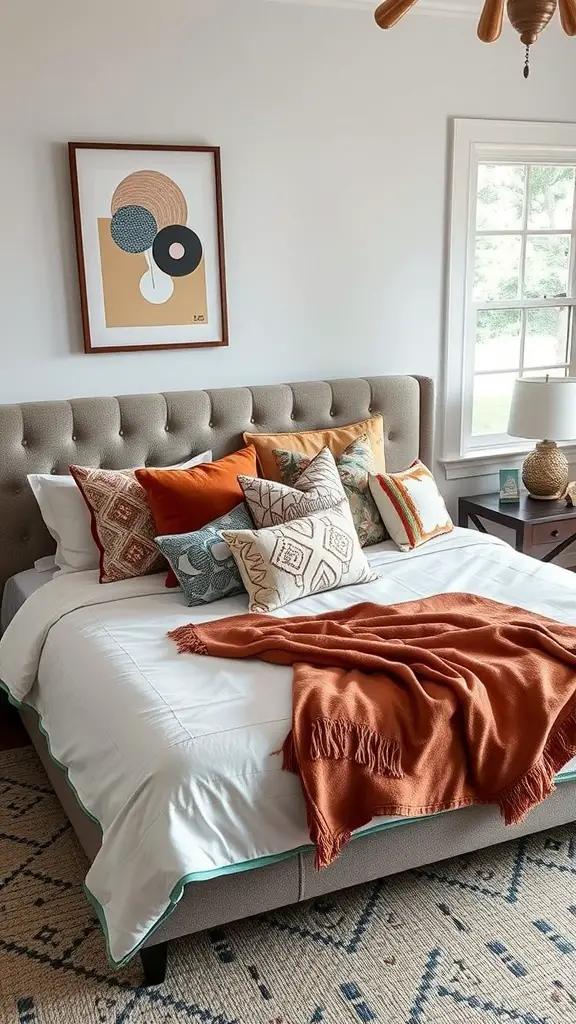 A cozy king bed with various accent pillows and a warm throw blanket.