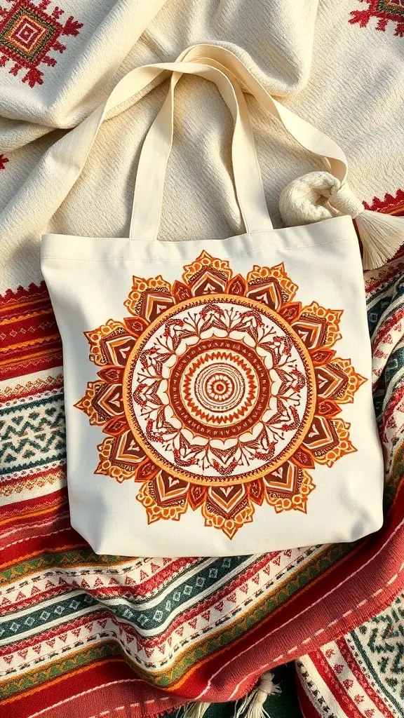 27+ Creative Tote Bag Painting Ideas You’ll Love 7 A tote bag featuring a vibrant bohemian mandala pattern on a textured background.