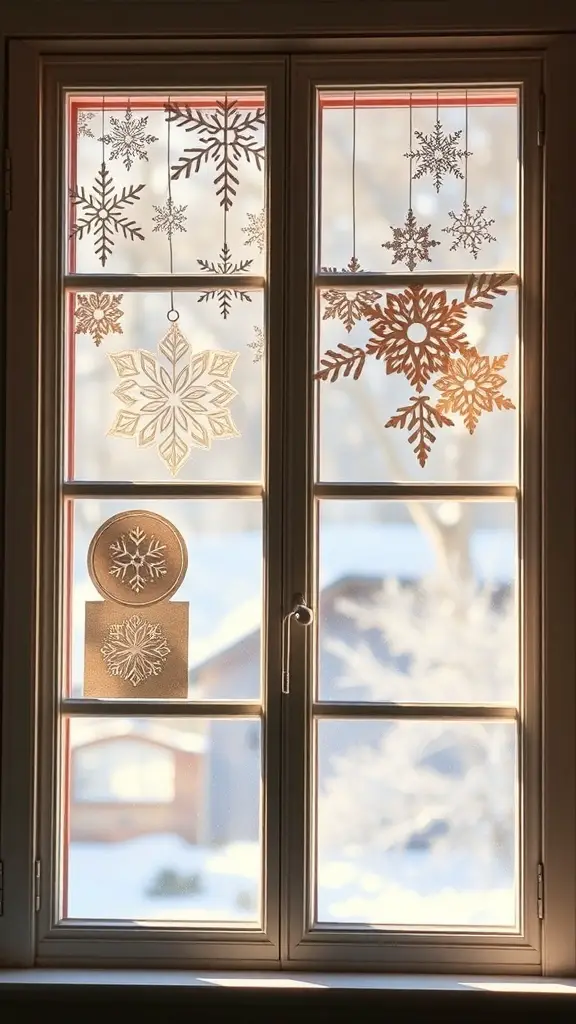 A window decorated with handcrafted paper snowflakes, showcasing various designs and shapes.