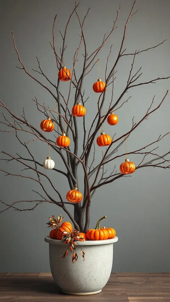 A decorative arrangement of bare tree branches in a pot, adorned with mini pumpkins for Halloween decor.