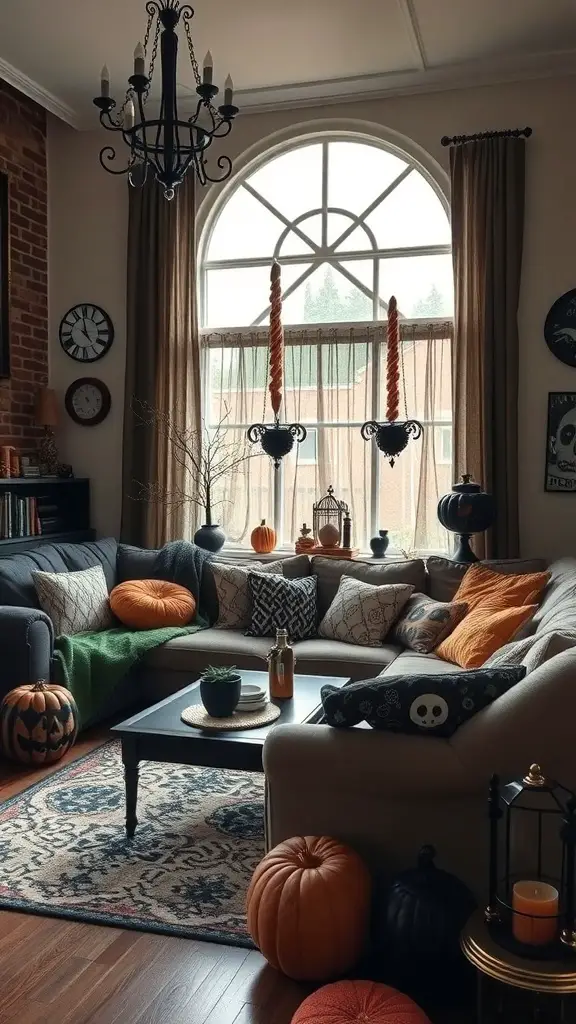 Cozy living room decorated for Halloween with pumpkins, cushions, and a chandelier.