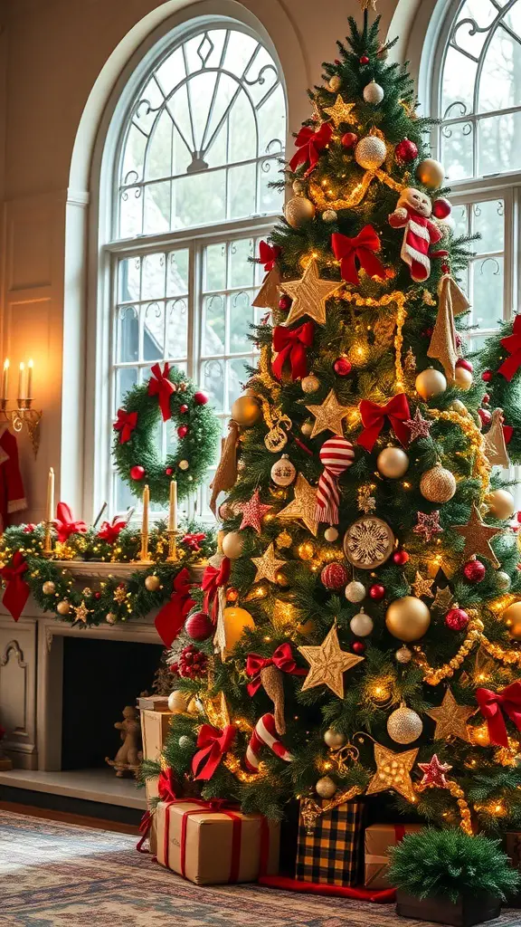 A beautifully decorated Christmas tree with red bows, golden stars, and ornaments, set in a cozy room with large windows.
