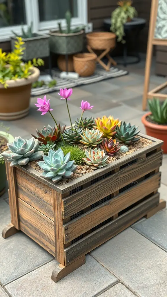 A wooden crate planter filled with various succulents and flowers, placed on a patio.