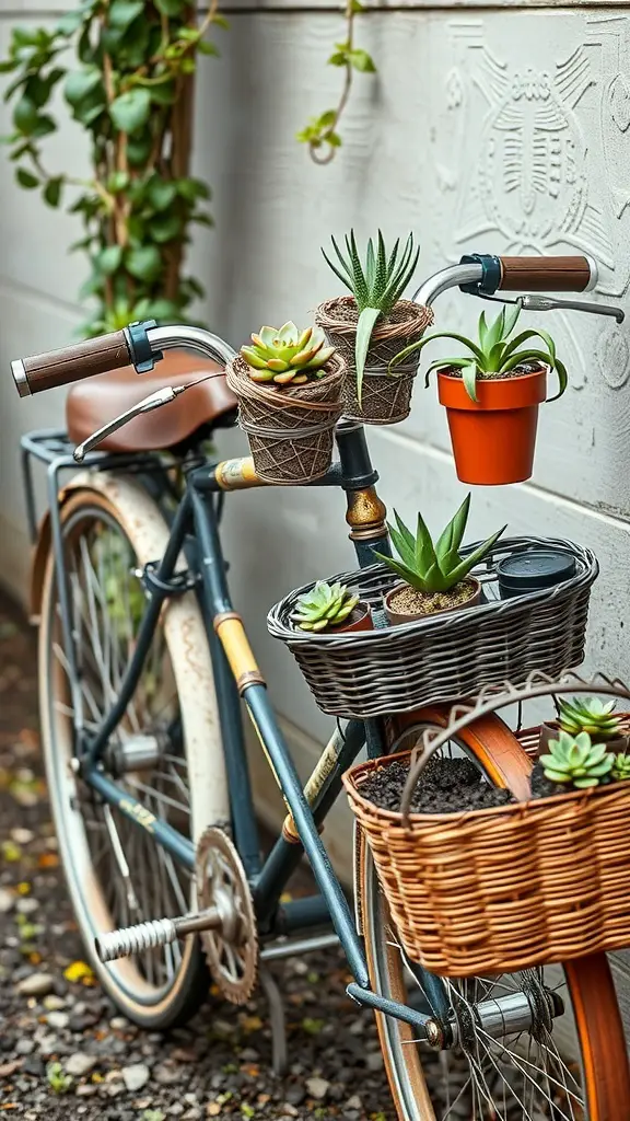 A vintage bicycle repurposed as a planter with succulents in baskets and pots.