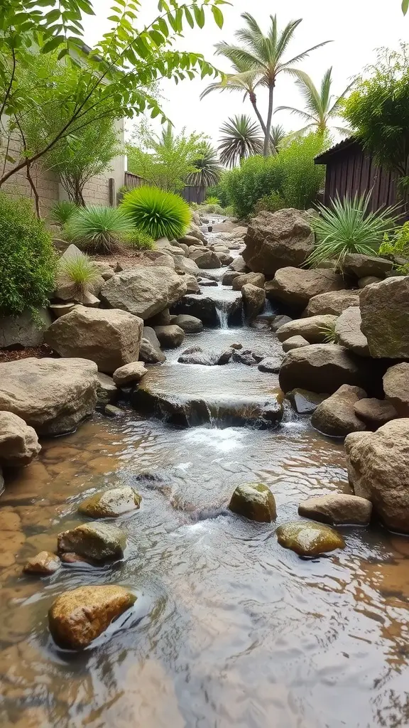 A natural water feature with a stream flowing over rocks surrounded by greenery.