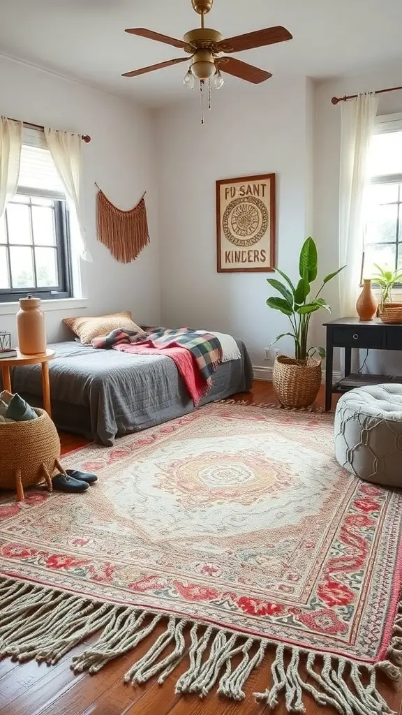 23+ Stunning Bedroom Rug Ideas to Transform Your Space 10 A cozy bedroom featuring a patterned rug with fringe, a bed with a gray blanket, and a plant in a woven basket.
