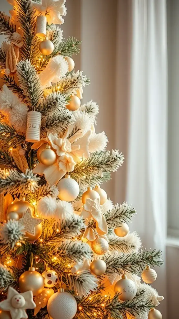 A beautifully decorated cream and gold Christmas tree with warm lights.