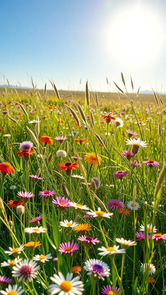 27+ Stunning Wildflower Landscaping Ideas for Your Garden 15 A vibrant wildflower meadow with various colorful flowers under a bright sun.