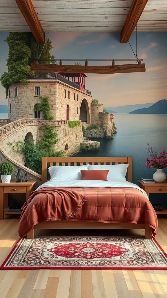 27+ Inspiring Spanish Mediterranean Bedroom Ideas for Your Home 7 A Mediterranean-themed bedroom with a wall mural depicting a coastal scene, featuring a building on a cliff by the sea.