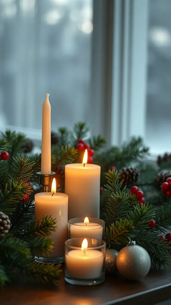 A cozy holiday scene with glowing candles surrounded by pine branches and festive decorations.
