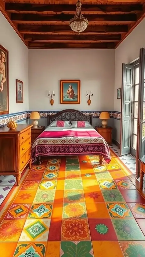 27+ Inspiring Spanish Mediterranean Bedroom Ideas for Your Home 8 A Mediterranean-inspired bedroom featuring colorful tile flooring with floral patterns.