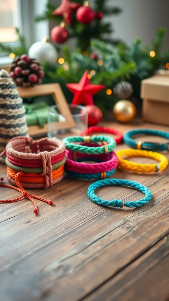 23 Affordable DIY Christmas Gifts for Everyone on Your List 15 Colorful DIY friendship bracelets displayed on a wooden table with festive decorations in the background.