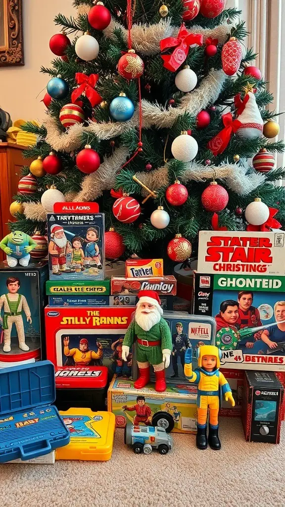 A collection of classic holiday toys displayed in front of a Christmas tree, showcasing vibrant colors and nostalgic designs.