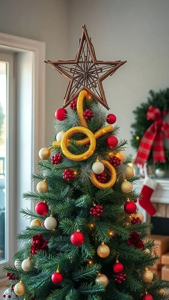 A rustic star topper made of twigs on a Christmas tree decorated with red and gold ornaments.