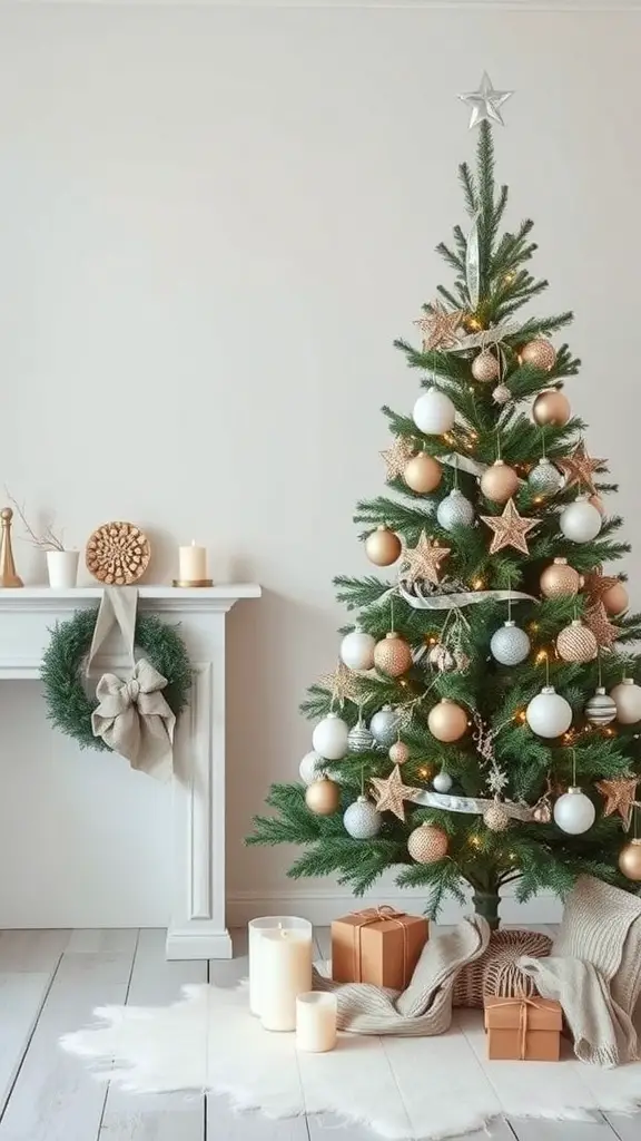 A minimalist Christmas tree decorated with gold, white, and silver ornaments, next to a cozy fireplace.