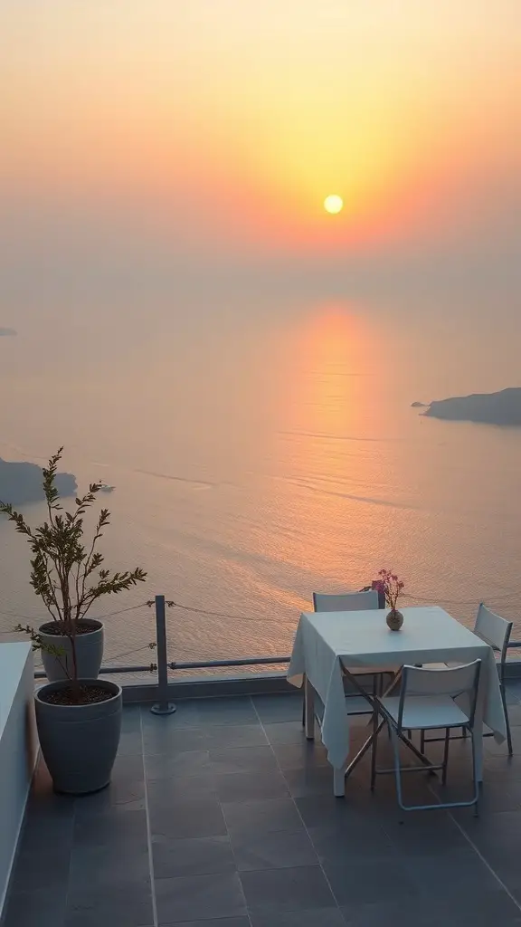 25+ Stunning Mediterranean Terrace Ideas for Your Home 4 A Mediterranean terrace with a table set for two, overlooking the ocean at sunset.