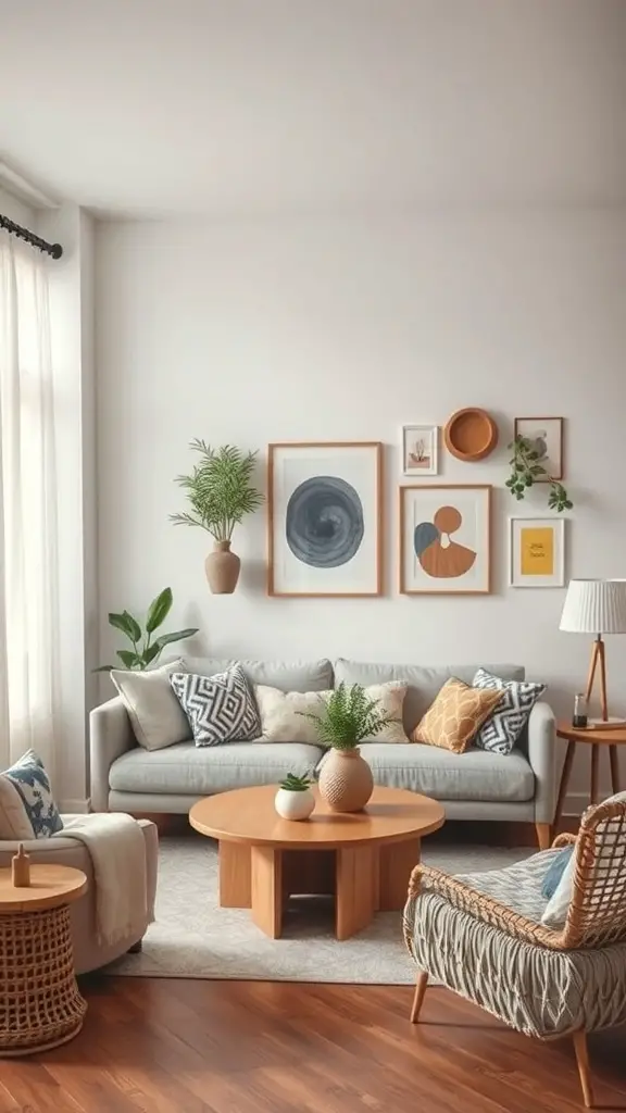 33+ Thoughtful Gifts Your Sister Will Adore 12 A cozy living room with stylish decor, featuring a grey sofa, wooden coffee table, and wall art.