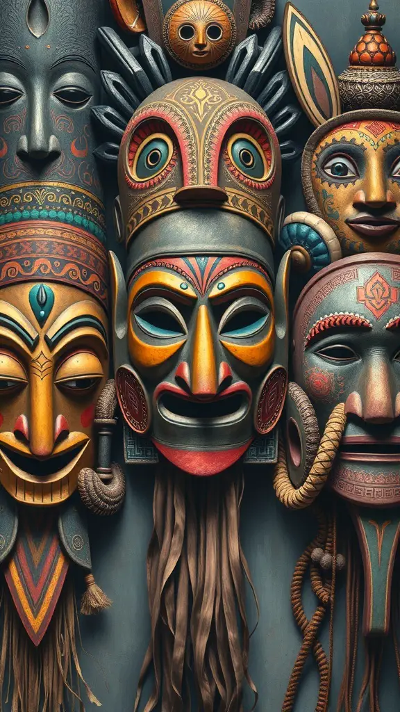 29+ Inspiring Acrylic Painting Ideas to Spark Your Creativity 10 A collection of colorful cultural masks with intricate designs and patterns.