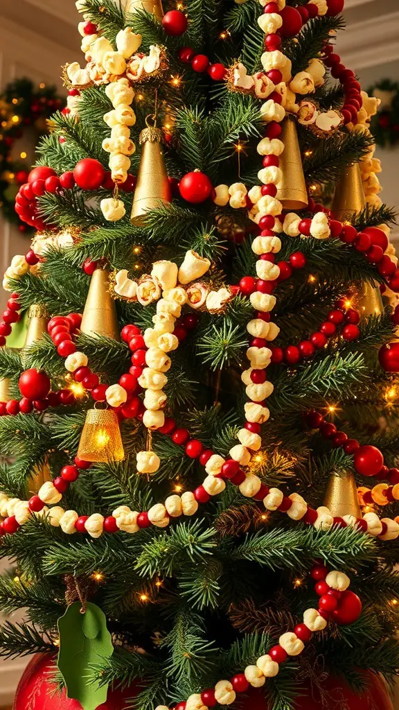 A Christmas tree decorated with popcorn garlands, red ornaments, and golden bells.