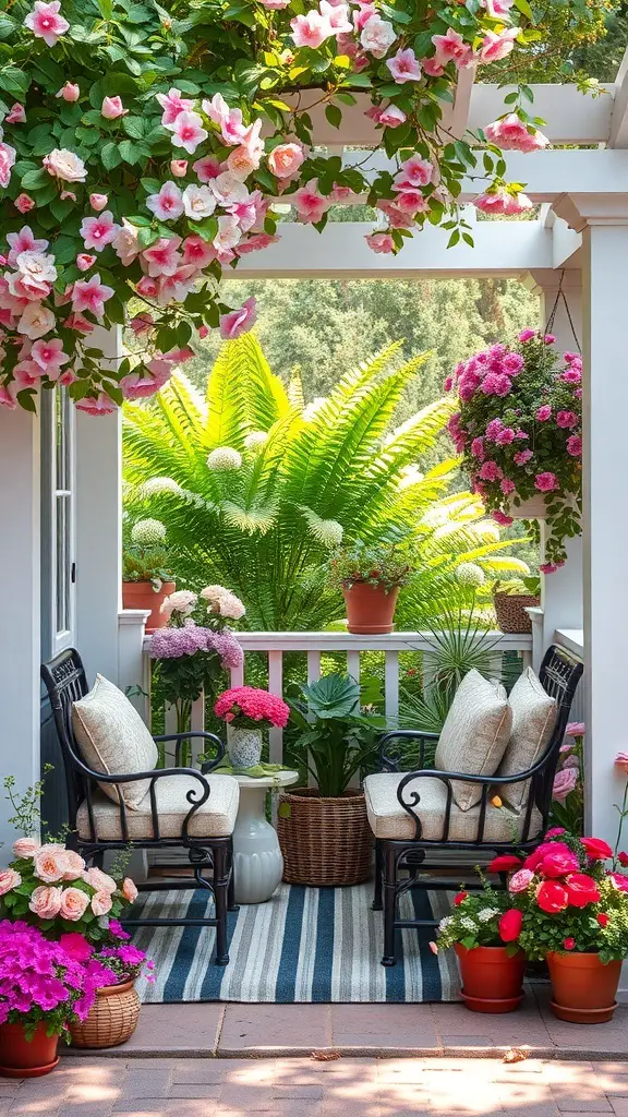 Cozy seating area in a garden with flowers and greenery