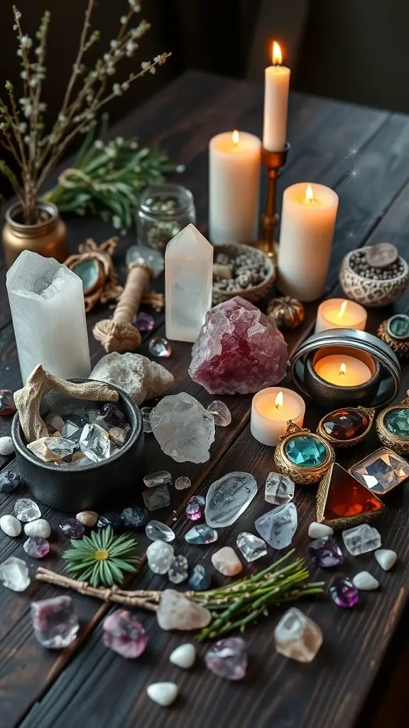 A mystical display featuring various crystals, candles, and natural elements on a wooden table.